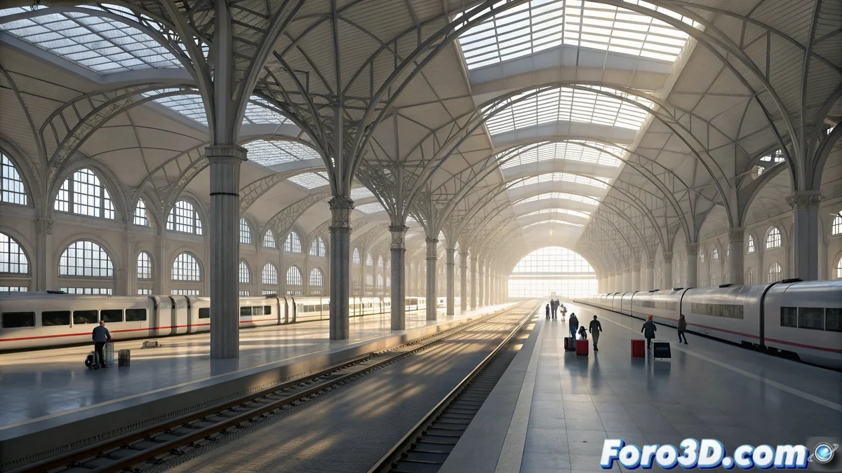Estación de tren de alta velocidad con arquitectura moderna pero pasillos vacíos y señalética que conduce a conexiones inexistentes