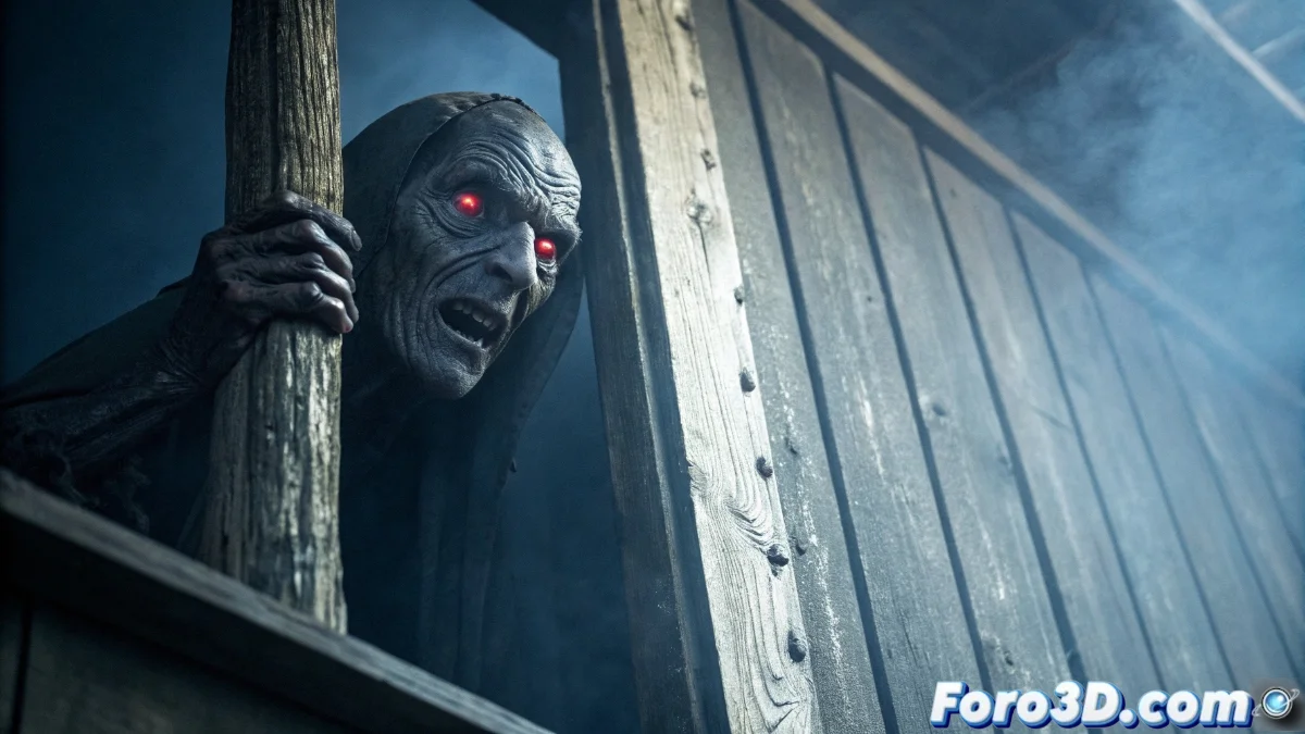 Ilustración de un ser pequeño y retorcido con ojos rojos brillantes, escondido entre las sombras de una casa antigua asturiana con paredes húmedas y grietas.