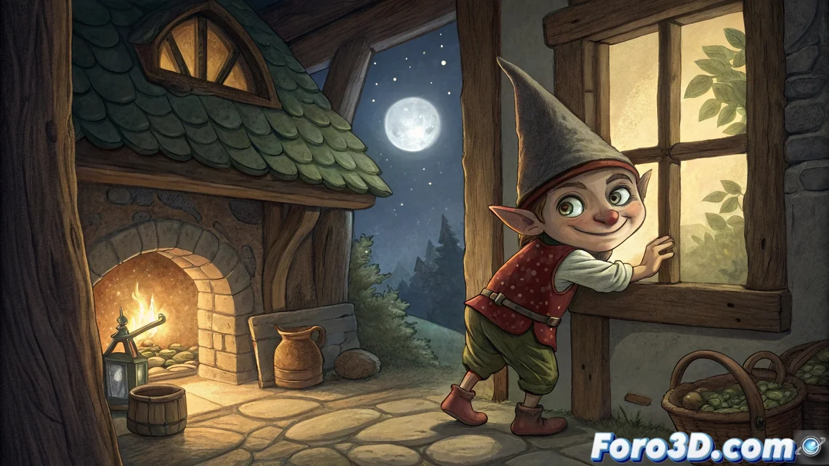 Ilustración de un Trasgu con ropa humilde, gorro puntiagudo y mano agujereada, escondiendo objetos en una cocina rural asturiana de noche.