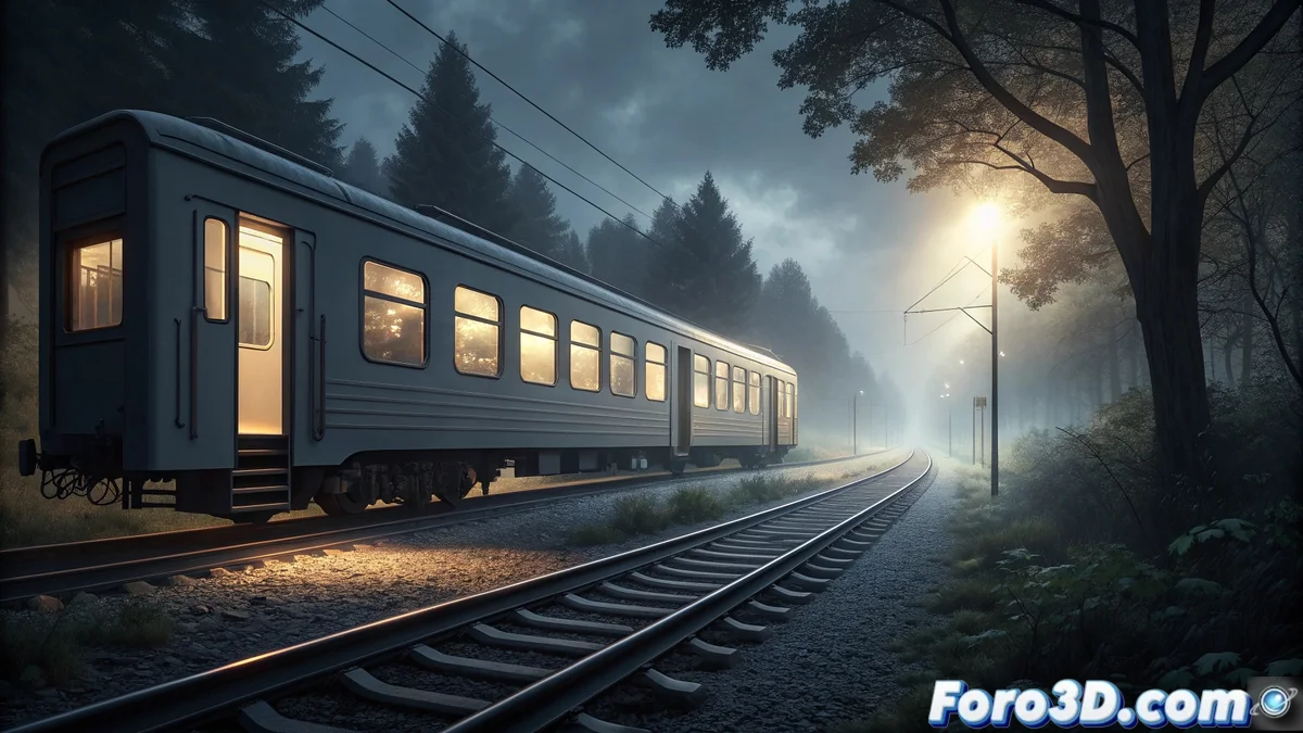 Ilustración digital de un tren moderno y vacío avanzando silenciosamente por vías en una noche oscura, con una silueta vaga del conductor y puertas abiertas hacia un interior indeterminado, bajo una luna tenue y efectos de iluminación etéreos.