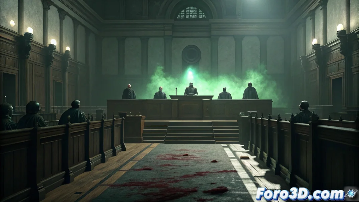 Sala principal del Tribunal Supremo con jueces en sus puestos, documentos esparcidos sobre el estrado y sombras alargadas proyectándose sobre las paredes de mármol.