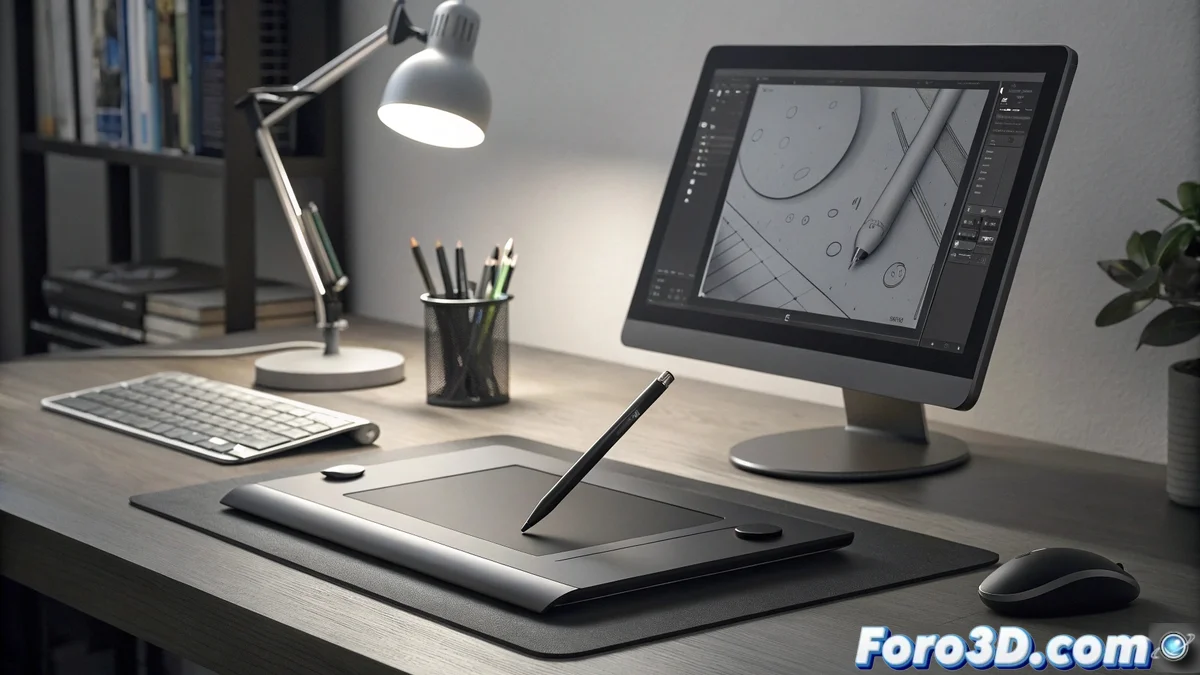 Tableta Wacom Intuos Pro en uso con software de ilustración vectorial mostrando trazados Bezier y herramientas de diseño vectorial en pantalla.