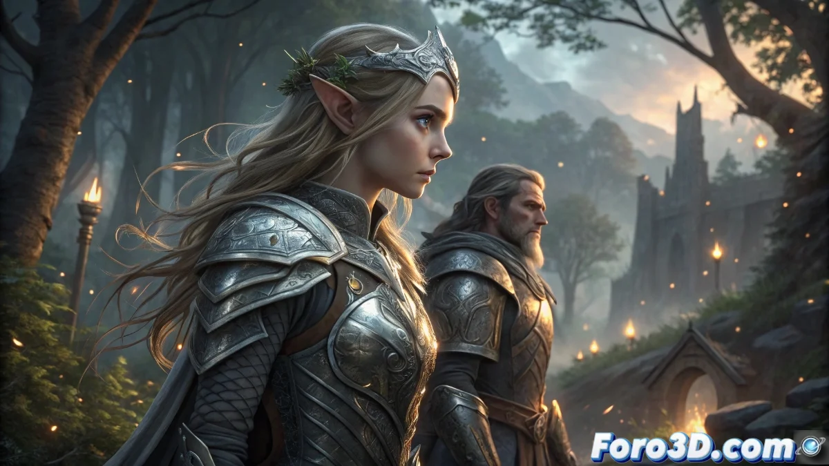 Lyra y Kael cruzando un bosque ancestral al atardecer, con símbolos élficos y humanos brillando en el fondo, mientras enfrentan criaturas oscuras.