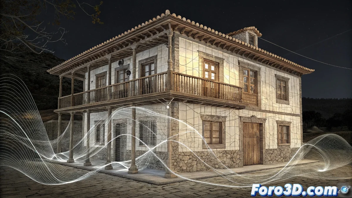 Composición en Nuke mostrando la casa encantada de Tacande con efectos de luces fantasmales, niebla sobrenatural y distorsiones visuales que sugieren actividad paranormal.