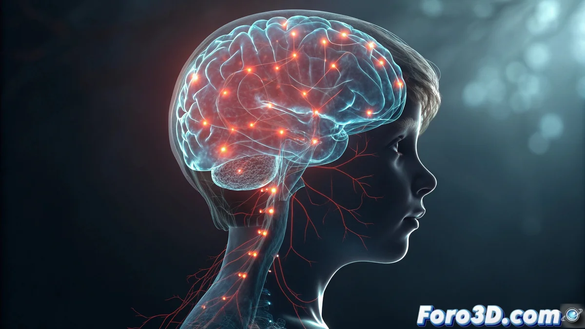 Ilustración conceptual de un cerebro infantil en desarrollo con conexiones neuronales que se extienden como raíces, mostrando áreas de la amígdala y corteza prefrontal resaltadas en colores vibrantes