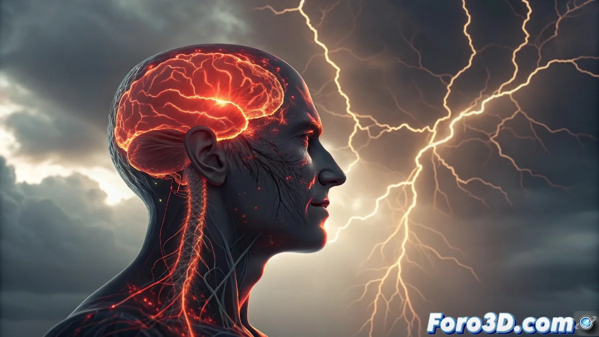 Diagrama cerebral tridimensional mostrando activación de amígdala y corteza prefrontal durante episodios de furia, con flechas indicando flujo de neurotransmisores