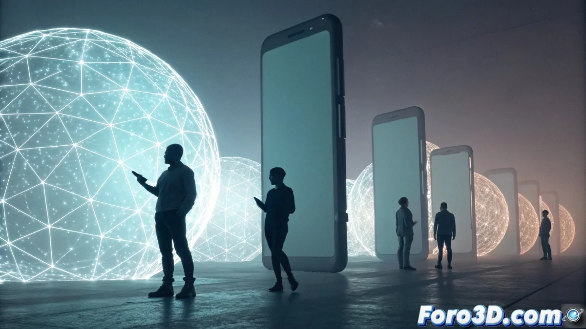 Ilustración conceptual que muestra a una persona entregando voluntariamente un maletín con iconos de datos personales a cambio de un smartphone con aplicaciones brillantes, sobre un fondo de intercambios digitales abstractos.