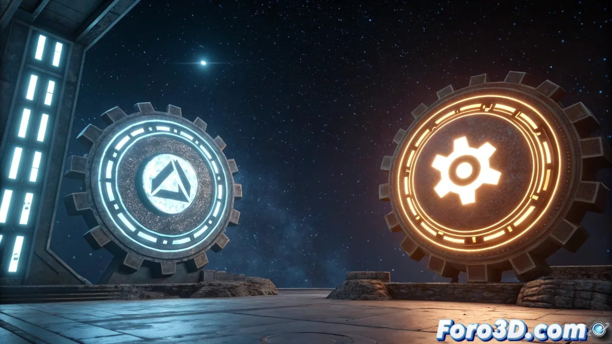 Logotipos de Epic Games y Unity Technologies entrelazados sobre fondo de desarrollo de videojuegos con elementos 3D