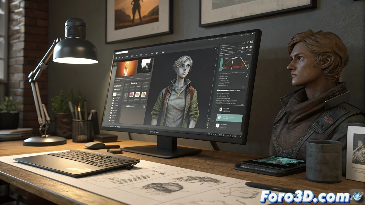 Ilustracion de un artista 3D frustrado frente a su computadora, con ventanas emergentes de error en la pantalla y un modelo 3D a medio hacer.