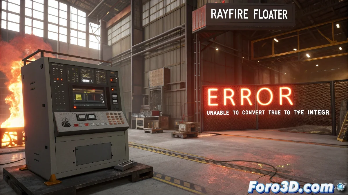 Panel de RayFire en 3ds Max mostrando mensaje de error Unable to convert true to type Integer con solución aplicada