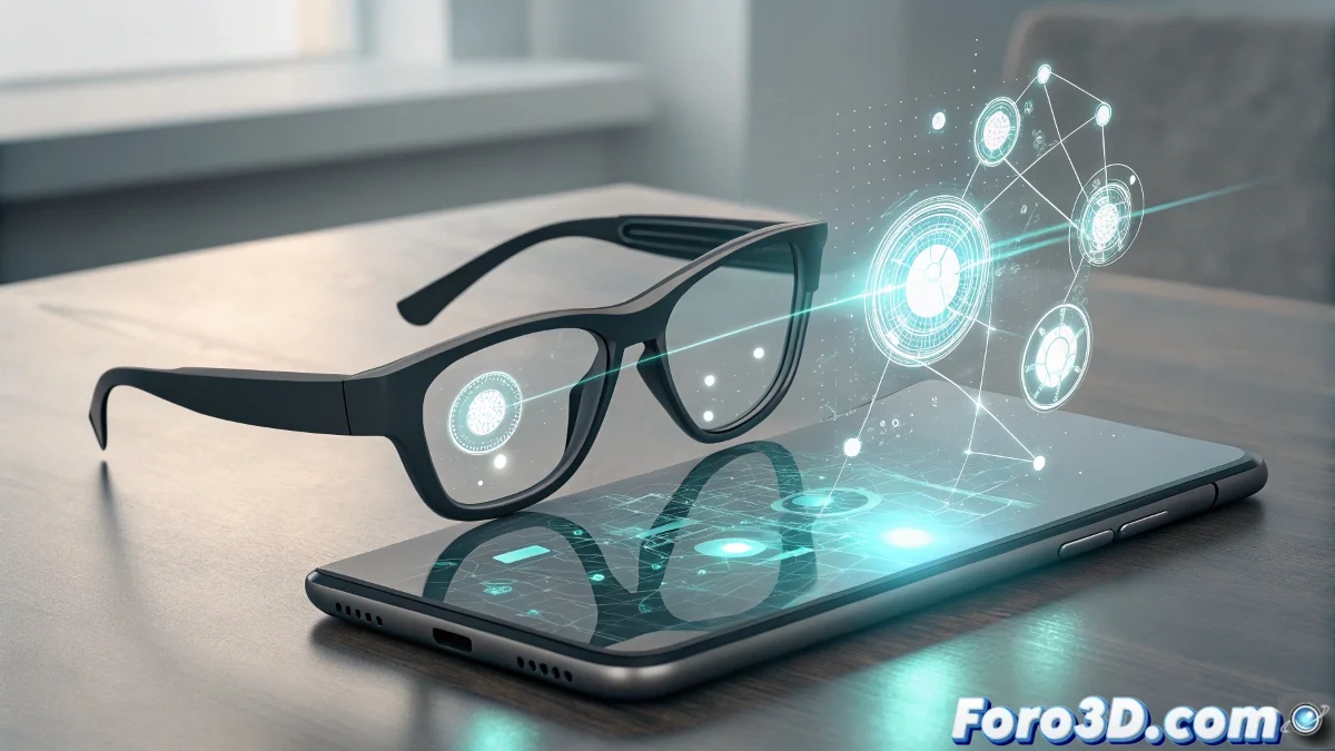 Visor Samsung Galaxy XR mostrando su diseño ergonómico de 545 gramos con pantalla micro-OLED transparente, interfaz de Android XR con elementos de realidad extendida y asistente Gemini activo mediante control por gestos y voz.