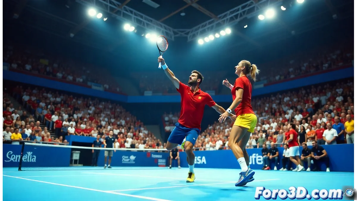 Equipo español de Copa Davis con David Ferrer en pista de tenis cubierta de Bolonia durante entrenamiento