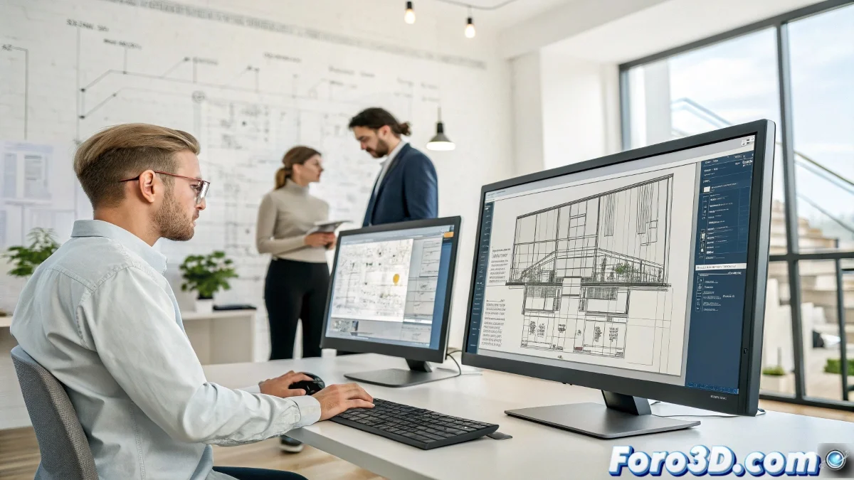 Interfaz moderna de AutoCAD 2025 mostrando proyecto arquitectónico con herramientas de nube activas, paletas de IA y workspace especializado, en entorno de diseño profesional actualizado.