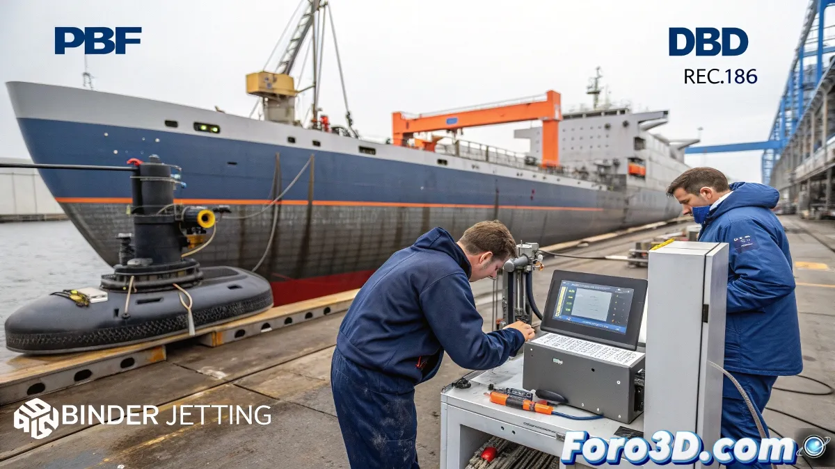 Impresora 3D industrial fabricando pieza naval metálica con fondo de astillero, técnicos realizando tomografía computarizada y símbolos de certificación flotando.