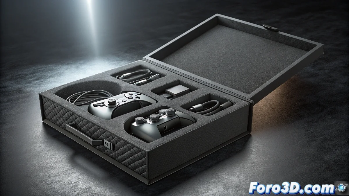 Caja de producto vacía con solo el dispositivo principal y espacios vacíos donde deberían estar los accesorios, sobre fondo de ofertas de Black Friday