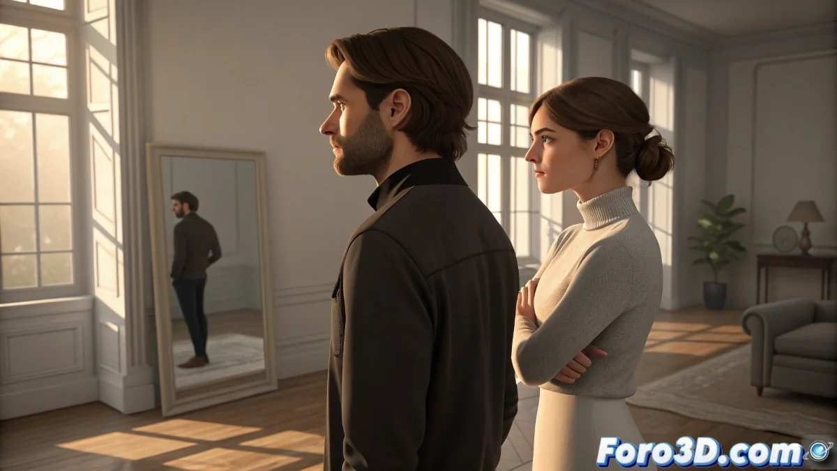 Ilustración conceptual que muestra dos siluetas enfrentadas con espejos y globos de diálogo representando diferentes prioridades en relaciones de pareja