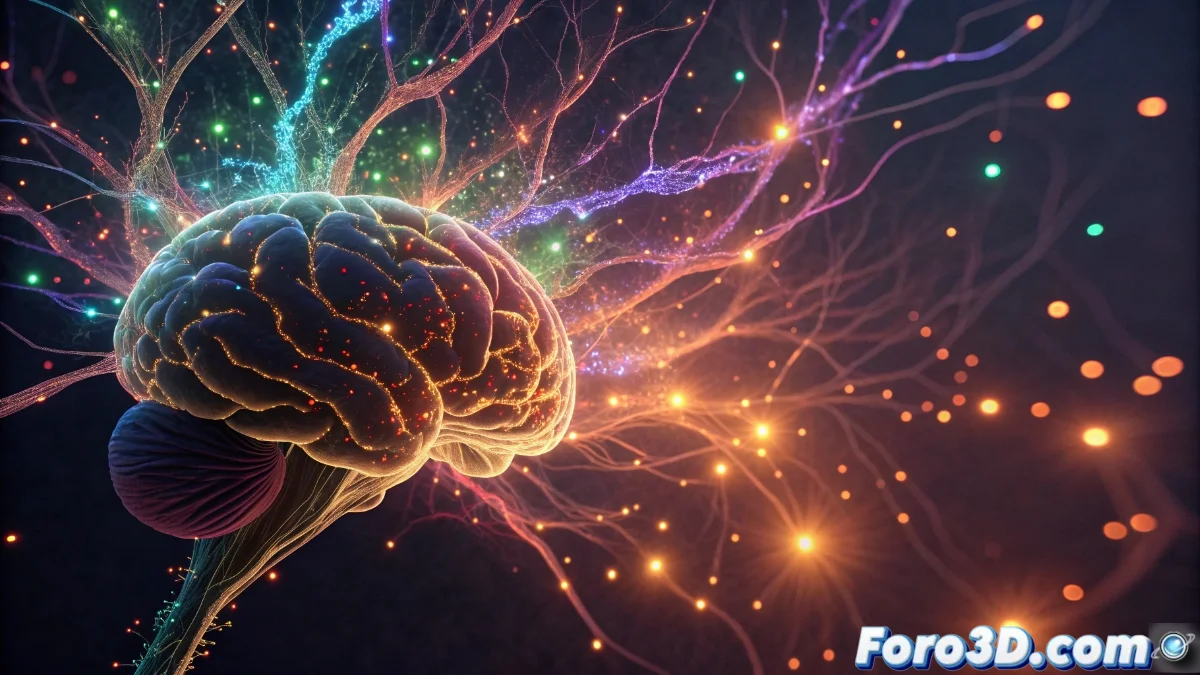 Ilustración científica del cerebro humano mostrando actividad en núcleo accumbens y corteza prefrontal con destellos de neurotransmisores