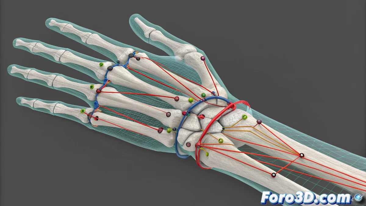 Diagrama de rig en Maya mostrando la jerarquia entre spine, wrist y dedos con constraints destacados y nodes de condicion para filtrar movimiento.