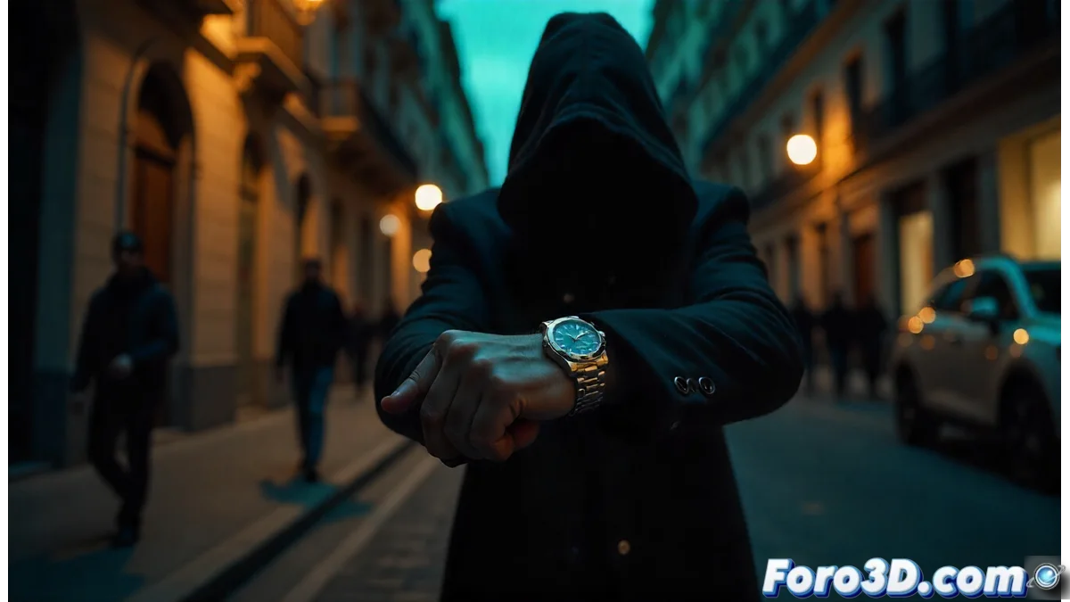 Hombre caminando por calle Recoletos nocturna con faroles proyectando sombras alargadas, enfoque en un reloj Rolex en su muñeca mientras una figura amenazante emerge de la penumbra.