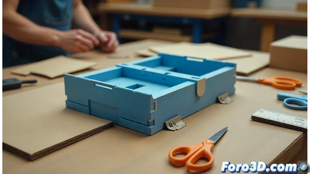 Herramienta modular impresa en 3D ensamblando una caja de carton en un entorno de taller, con guias y ranuras visibles.