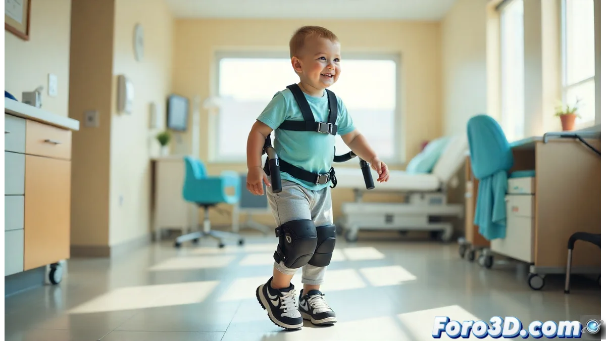 Niño utilizando el exoesqueleto ExoAtlet Bambini durante una sesión de rehabilitación supervisada por un terapeuta en un centro especializado.