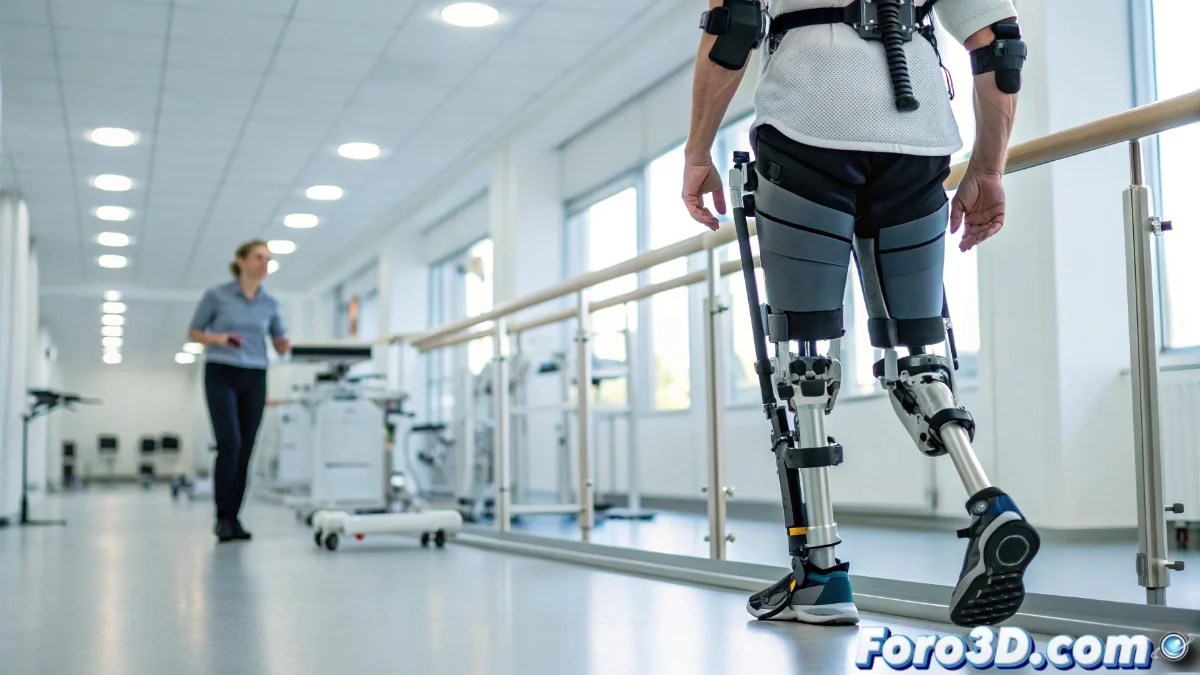 Exoesqueleto ExoAtlet II en uso durante una sesión de rehabilitación, mostrando su diseño ergonómico y ajuste automático a la complexión del usuario.