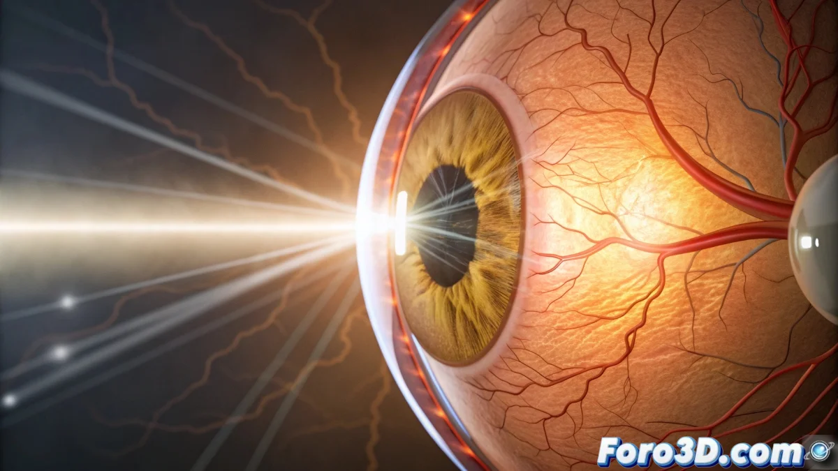 Diagrama anatómico del ojo humano mostrando cómo los rayos de luz convergen detrás de la retina en un ojo hipermétrope, comparado con un ojo normal donde enfocan directamente sobre la retina.