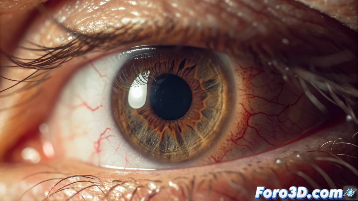 Diagrama anatómico del ojo mostrando las tres capas de la película lagrimal con detalles de las glándulas de Meibomio y zonas de irritación corneal.