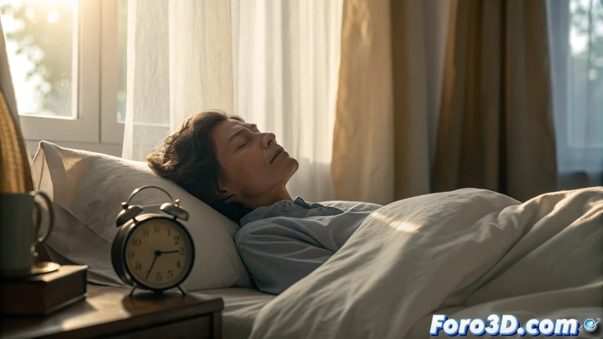 Persona despertando con expresión de cansancio extremo junto a un reloj despertador mostrando hora avanzada, con iconos de neurotransmisores y ritmo circadiano superpuestos