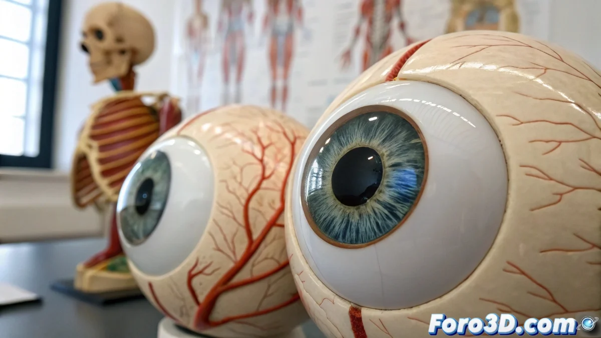 Ilustración médica que muestra comparación entre alineación ocular normal y desviación característica del estrabismo, con diagrama de músculos extraoculares