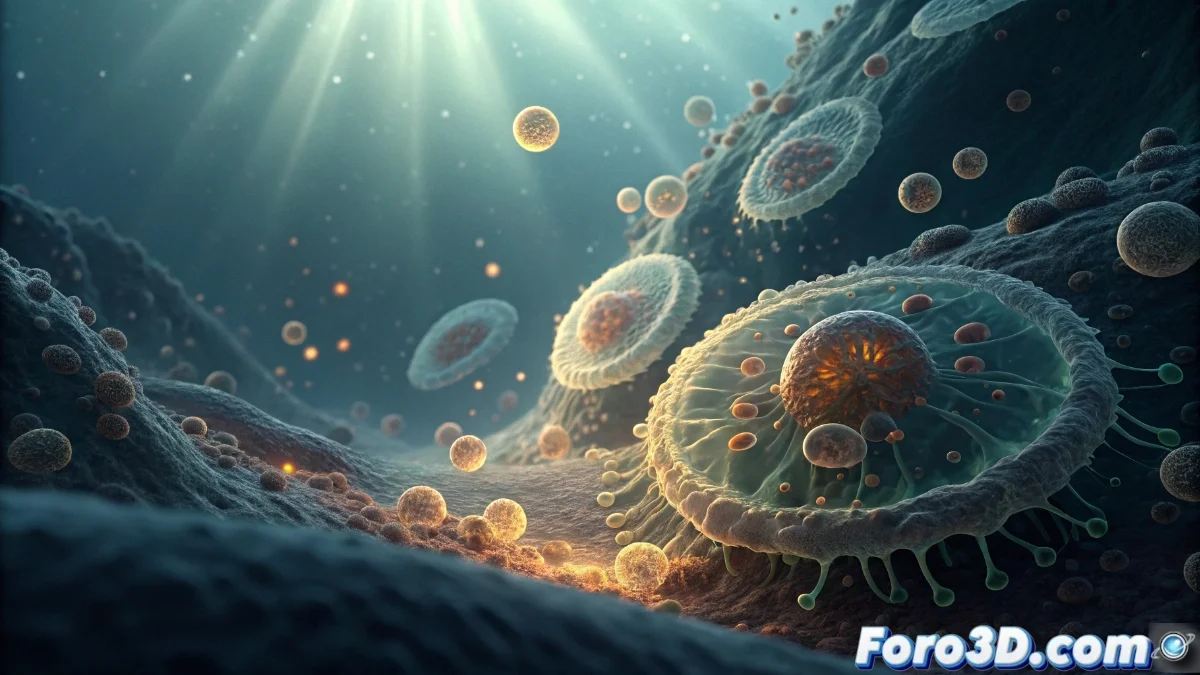 Render 3D abstracto de una estructura celular compleja con membranas translúcidas, partículas flotantes y efectos de luz que simulan propiedades biológicas, sobre fondo oscuro con tonos azules y violetas.