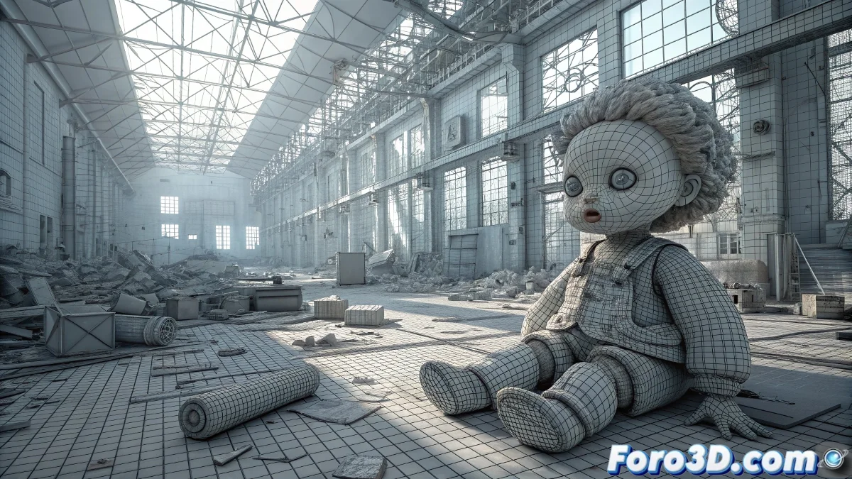 Render 3D en Autodesk Maya de la fábrica de muñecas abandonada mostrando pasillos oscuros, muñecas rotas y efectos de iluminación dramática con polvo volumétrico.