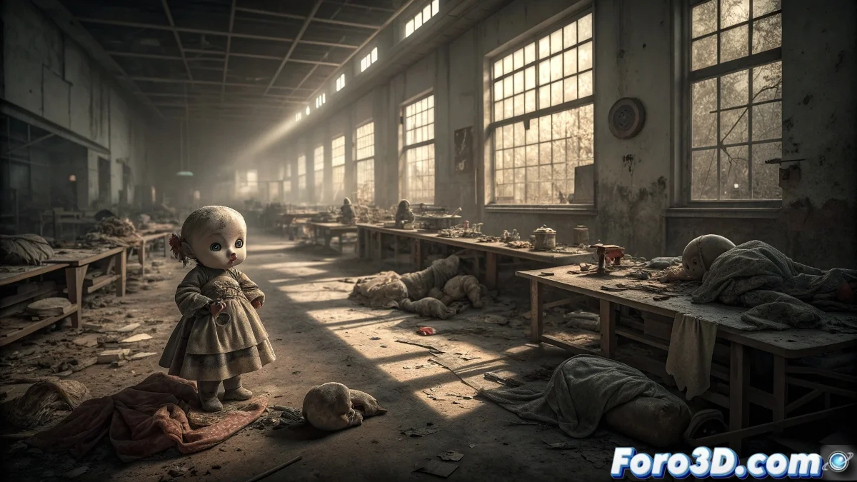 Render 3D en Autodesk Maya de la fábrica de muñecas abandonada mostrando pasillos oscuros, muñecas rotas y efectos de iluminación dramática con polvo volumétrico.