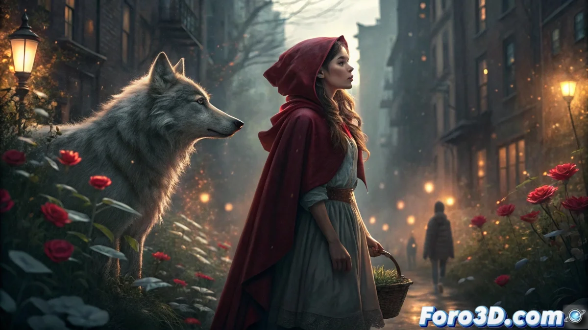 Portada de la edición integral de Fábulas mostrando a Blancanieves, el Lobo Feroz y Caperucita Roja en un entorno urbano nocturno de Nueva York con elementos fantásticos integrados