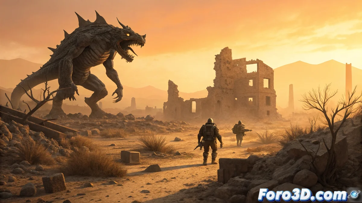 Composición artística que muestra un enfrentamiento entre un Deathclaw y un grupo de Cazadores en el desierto postapocalíptico de Fallout, con elementos de radiación y destrucción en el fondo.
