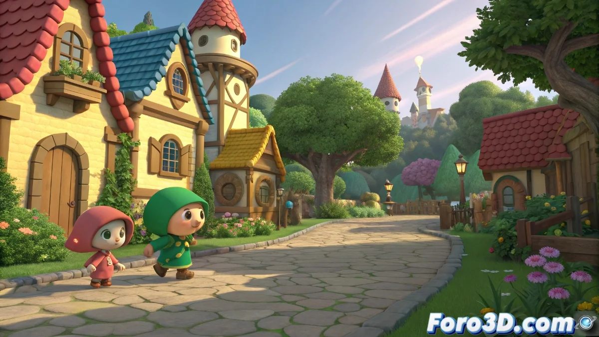 Personajes principales de Fantasy Life en un entorno vibrante con efectos de cel-shading, mostrando expresiones detalladas y colores saturados característicos del estilo cartoon