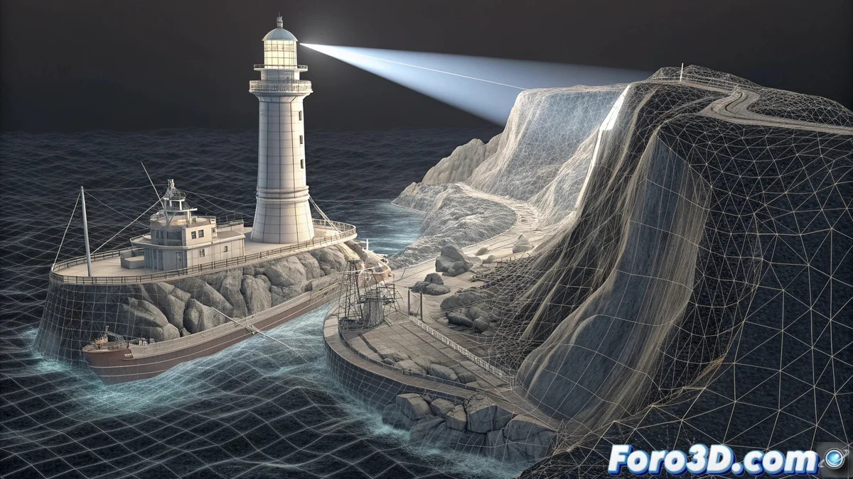 Escena nocturna del faro de la Plata en Unreal Engine, mostrando el haz de luz sobre acantilados rocosos y efectos de niebla con luces inexplicables en la distancia.
