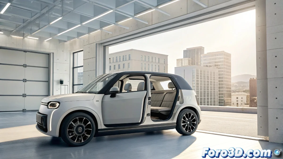 Prototipo Fiat Centoventi Concept mostrando paneles intercambiables impresos en 3D y accesorios personalizables en un entorno urbano futurista