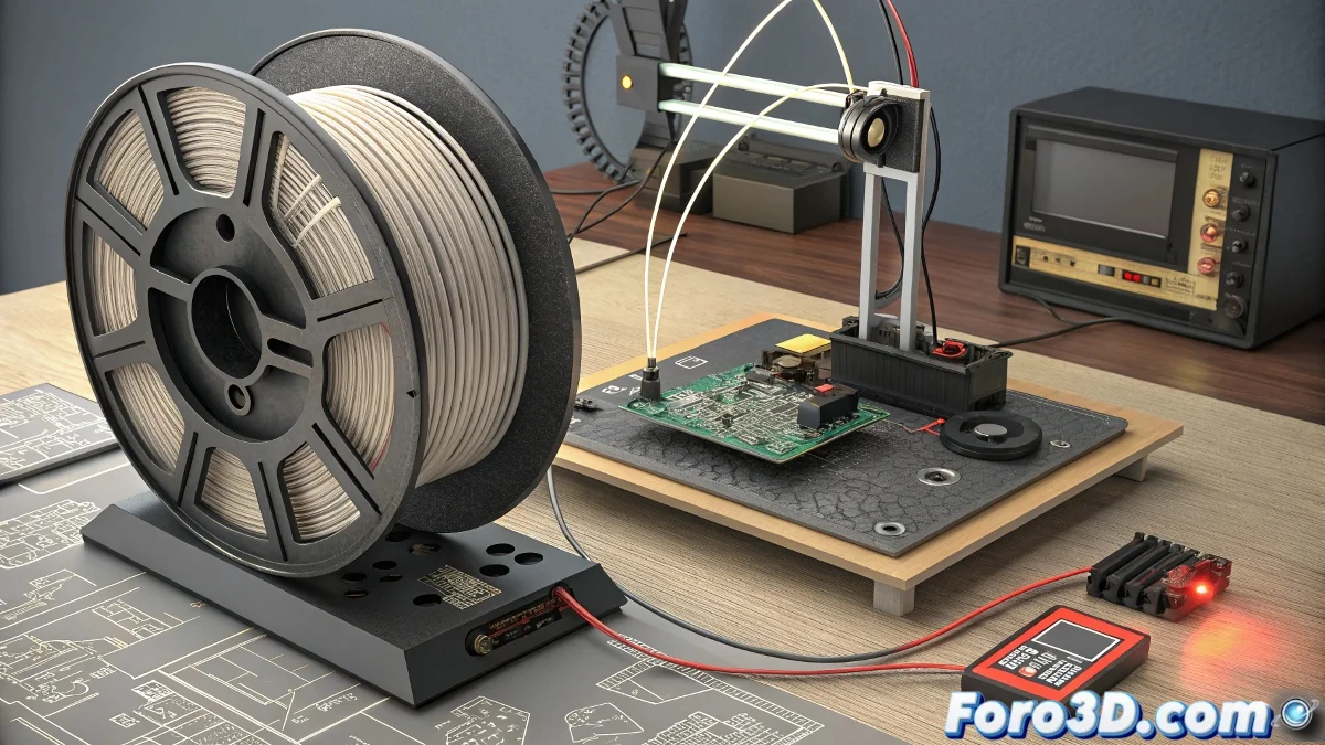 Carrete de filamento Conductive PLA negro junto a prototipos electrónicos impresos mostrando circuitos integrados y componentes con funcionalidad eléctrica incorporada.