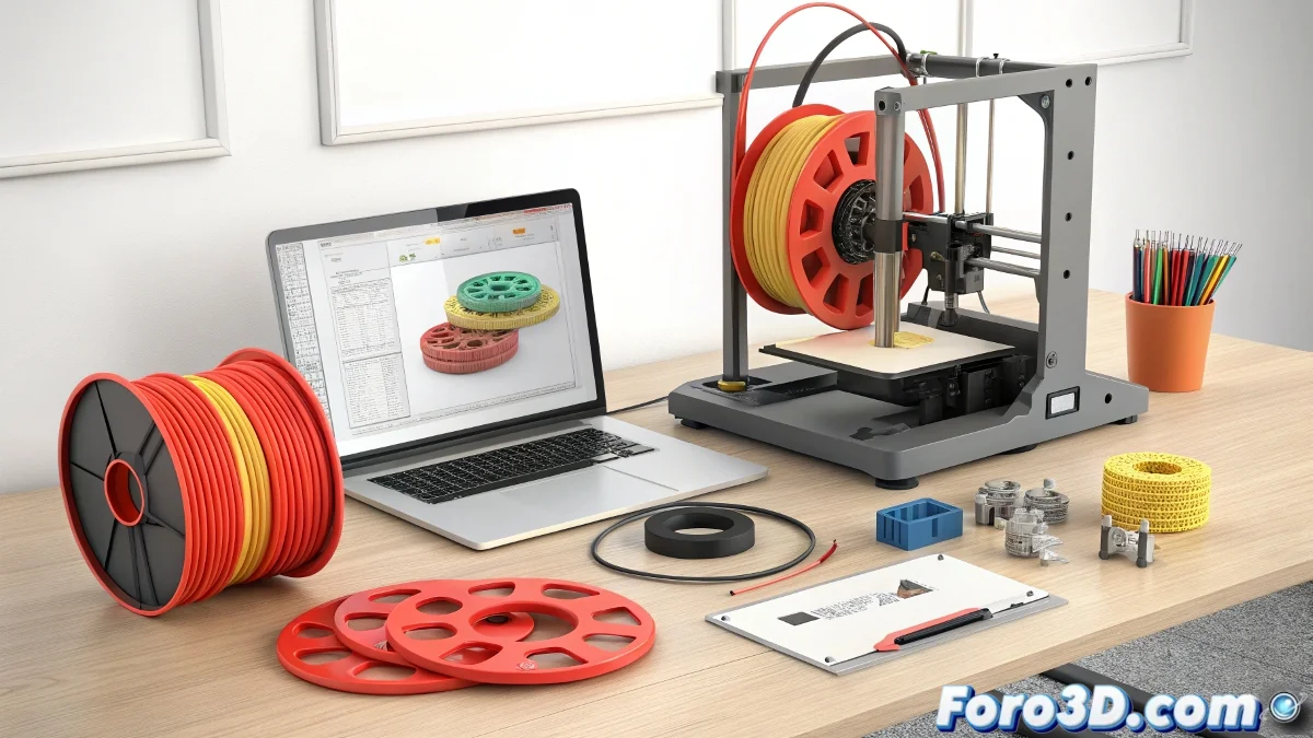 Carrete de filamento Flexible PLA junto a piezas impresas mostrando flexibilidad moderada y aplicaciones prácticas como juntas y protectores en diferentes colores.