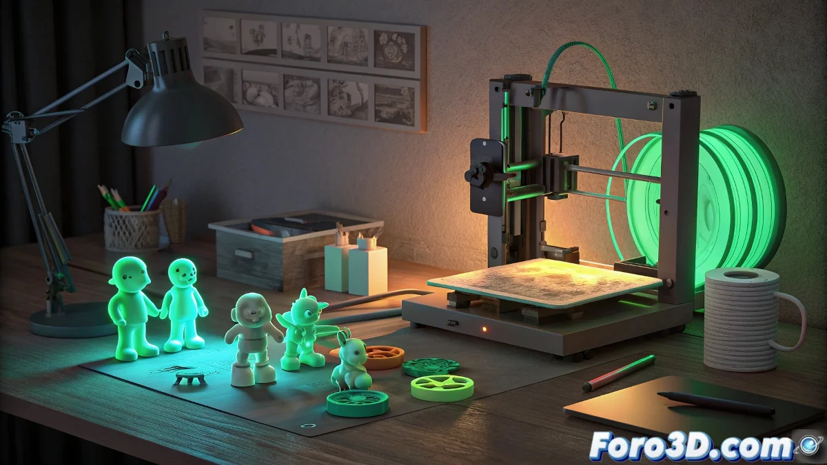 Carrete de filamento Glow-in-the-Dark PLA verde junto a diversas piezas impresas brillando intensamente en la oscuridad con diferentes formas y diseños creativos.