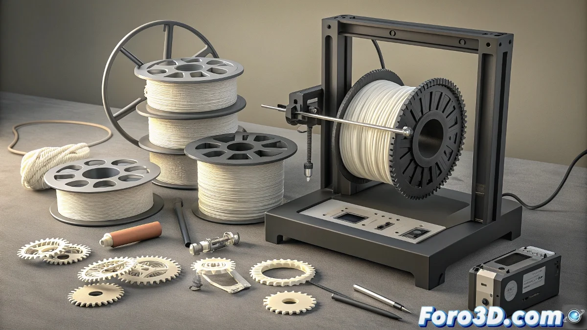 Carrete de filamento Nylon junto a piezas técnicas impresas mostrando su resistencia y flexibilidad, con equipo de desecación para almacenamiento adecuado del material.
