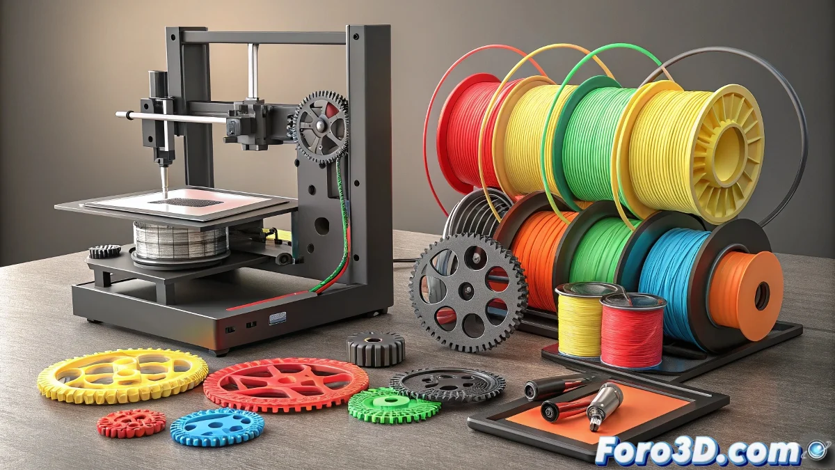 Carrete de filamento PETG transparente junto a piezas impresas mostrando su resistencia y acabado brillante en una impresora 3D.