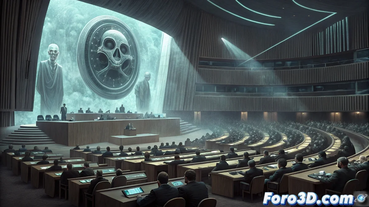 Sala de conferencias de la ONU con hologramas distorsionados formando símbolos crípticos, cables moviéndose como serpientes y rostros digitales fantasmales flotando sobre pantallas de ordenadores, todo envuelto en una luz azul eléctrica.