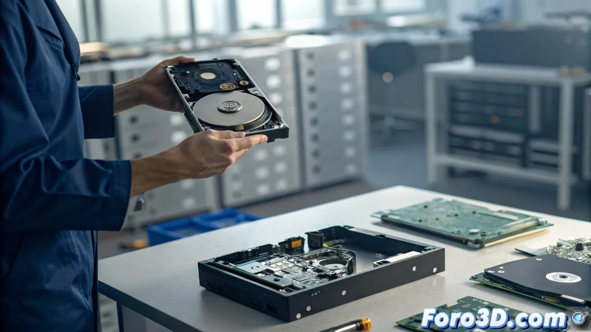 Diagrama técnico mostrando la estructura de firmware en discos duros y SSD, con secciones destacadas de ciclos de escritura y bloqueos programados, junto a iconos de advertencia y herramientas de recuperación.