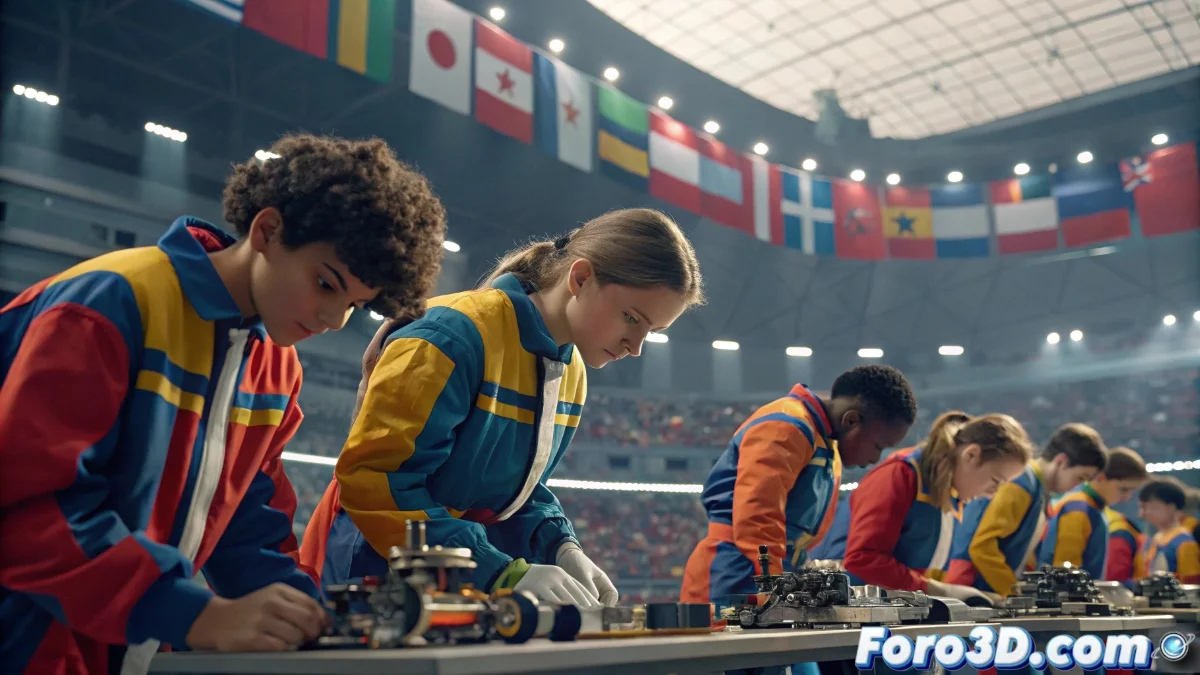 Jóvenes de diferentes nacionalidades trabajando juntos en un robot durante el First Global Robotics Challenge, intercambiando herramientas y compartiendo conocimientos técnicos en un ambiente de colaboración multicultural.