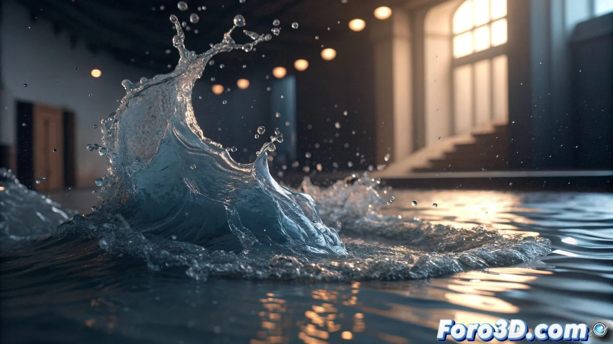 Render 3D de simulación de fluidos en Blender 5 mostrando olas realistas con espuma y reflejos