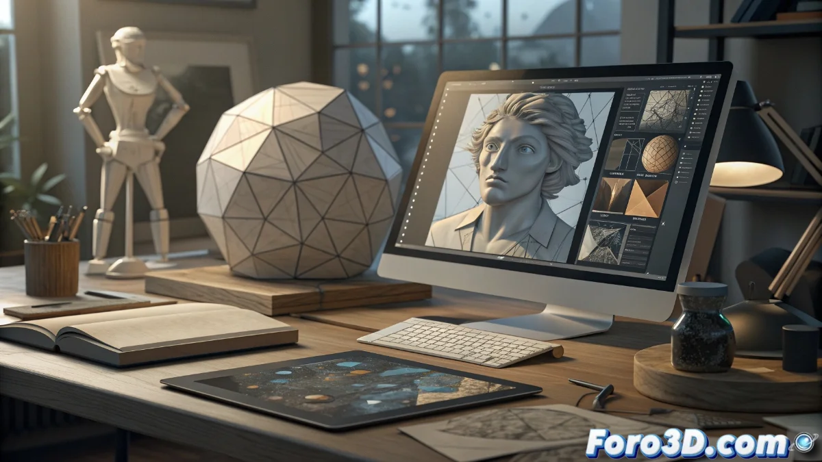 Interfaz de Modo mostrando herramientas de modelado 3D y renderizado en acción, con un artista digital trabajando en un proyecto complejo