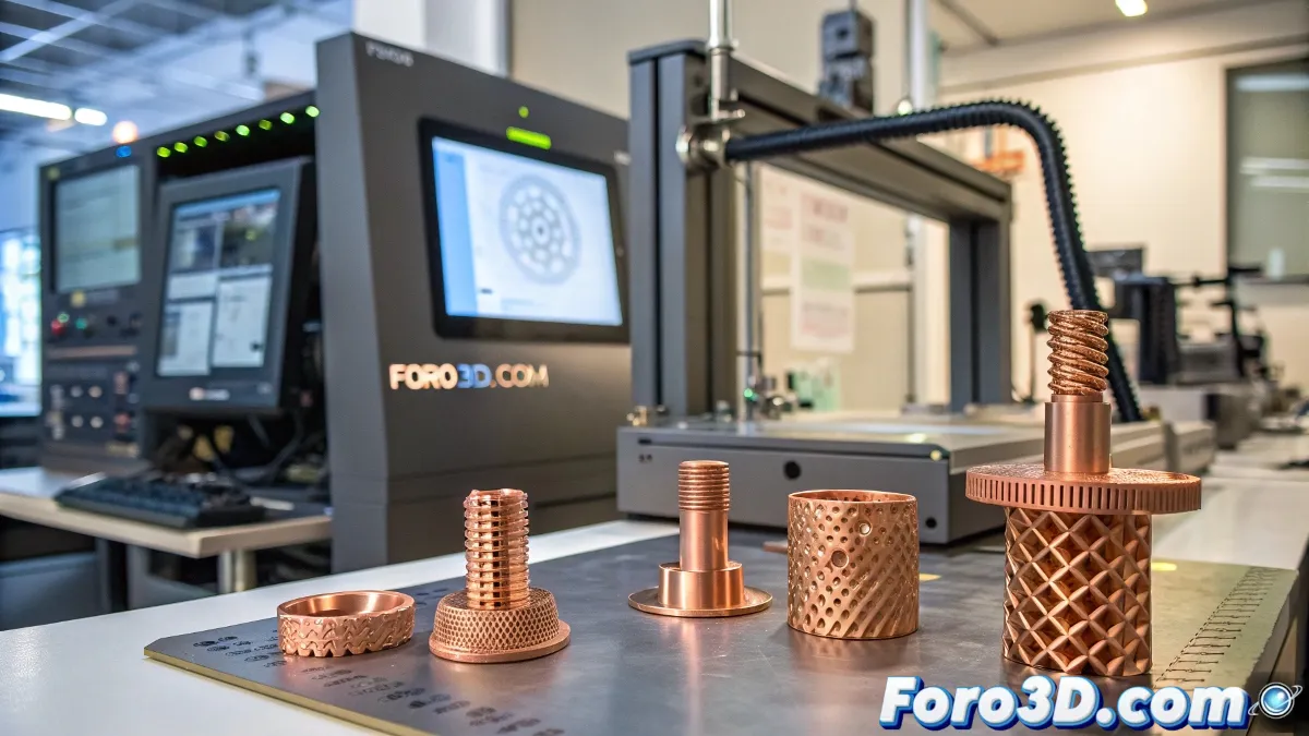 Componentes de cobre impresos en 3D en un laboratorio de Freemelt, con herramientas de fabricación aditiva y un entorno tecnológico avanzado.