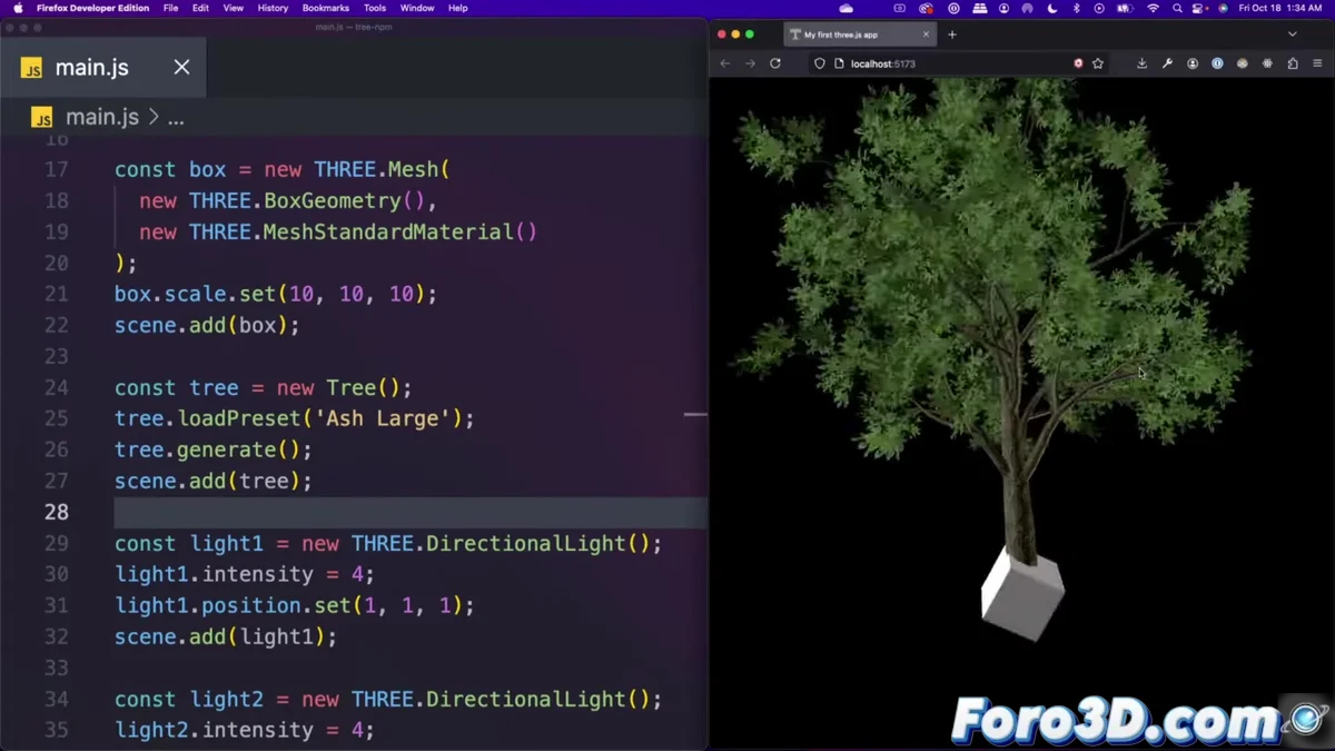 Interfaz de EZ-Tree mostrando opciones para personalizar un roble 3D con controles simples de forma y densidad de hojas.